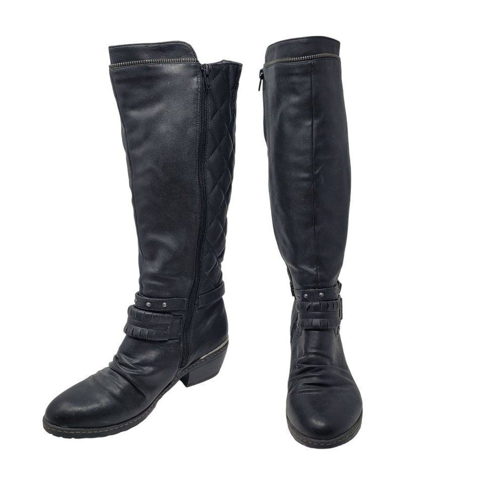 Rieker Vegan Leather Black Knee High Zip Up‎ Boots 40 Belted Buckle Quilted